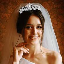 2pcs Bridal Crystal Crown & White Veil Set, Minimalist Silver Crystal Crown Veil Headpiece For Wedding, Party, Event - Multicolor - View 6