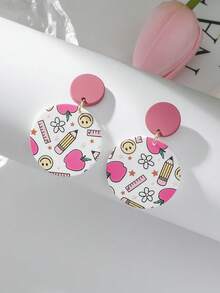 1 Pair Women's Back To School Smiling Face, Pencil, Ruler, Apple, Floral Print Acrylic Cute & Elegant Earrings - Multicolor - View 7