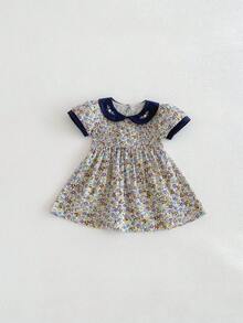 Miniweenns 1件女婴休闲碎花拼接领刺绣短袖连衣裙，夏季 - 藏蓝色 - 查看 12