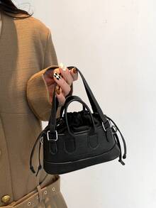 Fashionable Solid Color PU Drawstring Mini Handbag, Metallic Color Crossbody Shell Bag For Women - Black - View 12