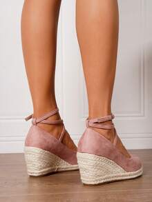 Women's Espadrilles Faux Leather Wedge Sandals, Summer Vacation Slip-On Square Toe 3.15in Heel Ankle Strap Shoes, Comfortable Straw Woven Hollow-Out Shoes, Size 34-43 - Baby Pink - View 10