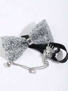 2件套银色水钻领结和皇冠水钻链狮子胸针套装，适合派对、摄影搭配 - 彩色 - 查看 2