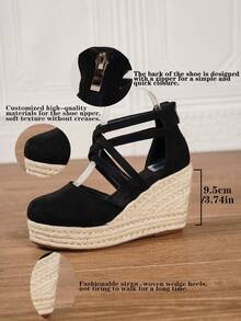 Women's Wedge & Platform Slip-On Espadrille Shoes, Black Round Toe Vacation Beach Woven Strap Sandals, Vacation Rope Sole Elastic Band Paired With Women's Shoes - Black - View 4