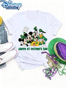 Disney Co-Branded Disney Characters Gathering Together & St. Patrick's Day Printed Women's Short-Sleeved T-Shirt, Suitable For Spring, Summer And Autumn. New Summer Casual Round-Neck T-Shirt Top, Women's Wear - trắng - Xem 1