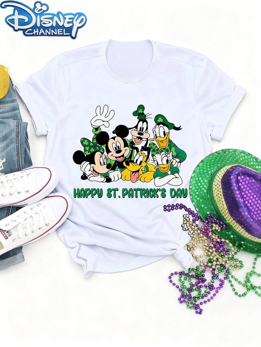Disney Co-Branded Disney Characters Gathering Together & St. Patrick's Day Printed Women's Short-Sleeved T-Shirt, Suitable For Spring, Summer And Autumn. New Summer Casual Round-Neck T-Shirt Top, Women's Wear - trắng - Xem 1