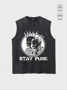 Vintage Women's Graphic Vest  Punk Crown Skull Design Print Washed Cotton Top Sports Wear, Mother's Day Gift, Funny Topes - 黑色 - 查看 7