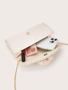 Champagne Satin Pleated Clutch With Satin Rose Applique - Apricot - View 2