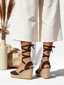 Sandalias alpargatas con plataforma y cuña alta para mujer con tiras cómodos de plataforma alta y cuña bohemia en color trenzado de mimbre sandalias de yute ideales para el trabajo descanso y vacaciones versátiles para uso diario - Marrón Mocha - Ver 3