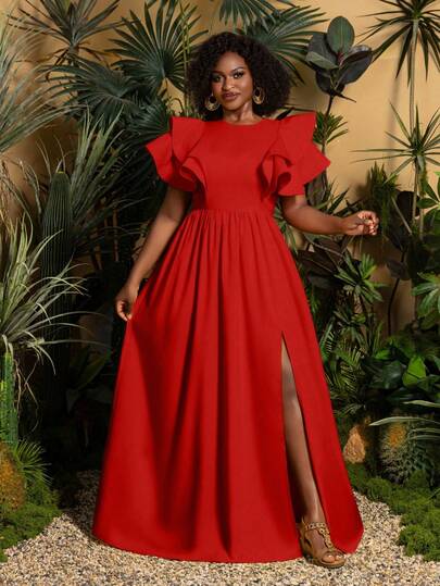 Faeriesty Elegante vestido largo de cuello redondo talla grande con dobladillo de volantes en capas, abertura alta, cintura ceñida, adecuado para invitados de boda, fiesta nupcial, fiesta de compromiso, cena formal, fotografía profesional de verano