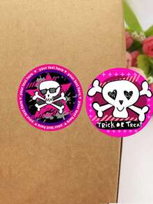 1 Roll Of 500pcs Halloween Purple Spider & Skull "Trick Or Treat" Round Stickers, Adhesive Labels - Multicolor - View 7