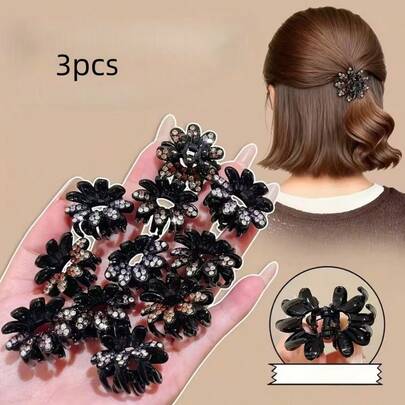 3pcs Exquisite Rhinestone Geometric Pattern Hair Clips - Casual & Elegant Hair Accessories For Women With Thin Hair During The Awkward Short Hair Phase, Made Of ABS Plastic
