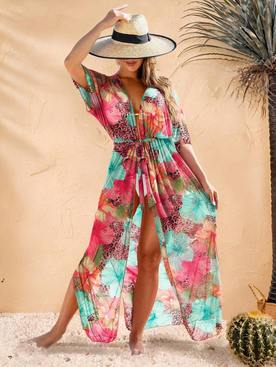 Women's Colorful Floral Print Beach Cover-Up With Tie Waist Vacation Summer - Multicolor - View 1