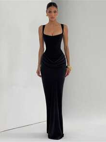Strapless Dress, Women's Western Autumn/Winter New, Plain, Sleeveless, Fitted, Draped, Form-Fitting. - 黑色 - 查看 1