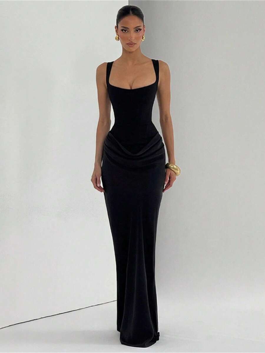 Strapless Dress, Women's Western Autumn/Winter New, Plain, Sleeveless, Fitted, Draped, Form-Fitting. - 黑色 - 查看 1