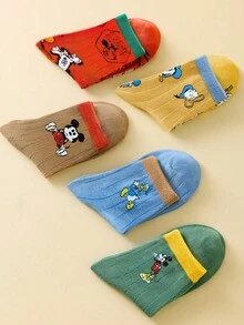 Disney 5双复古主题儿童袜子，男童卡通风格中筒袜，女童透气短袜 - 彩色 - 查看 2