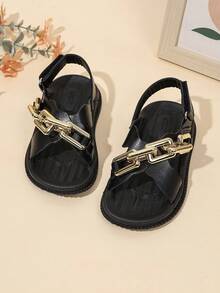 Infant Delicate Lace Fabric Metal Chain Hook And Loop Sandals, Baby Flat Sandals - Black - View 3