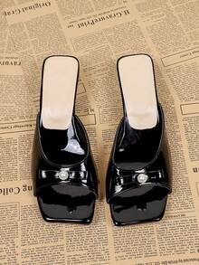 Sandalias de tacón alto negro con decoración de perlas y punta cuadrada para mujer, sandalias tipo mula versátiles y casuales para el verano - Negro - Ver 5