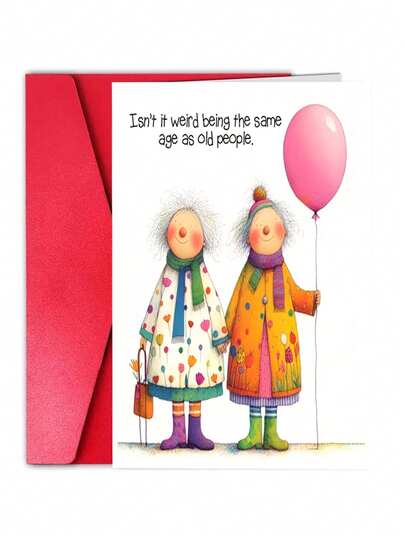 1 stuk grappige verjaardagskaart "Even oud als ouderen" met roze envelop, schattige illustratie van een oudere dame, perfecte verjaardagskaart voor vrienden en senioren
