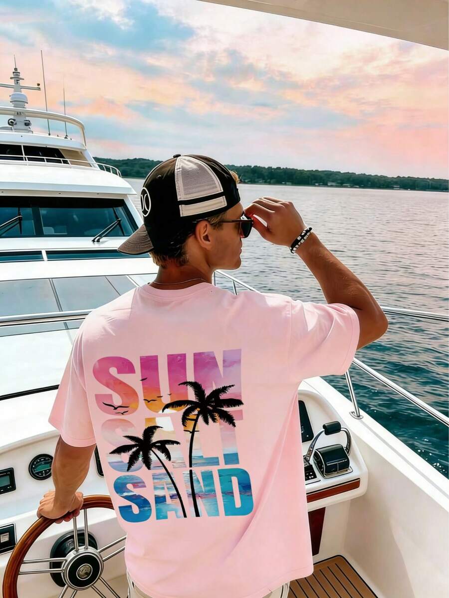 New Men's Letter & Palm Tree Print Short Sleeve T-Shirt, Beach Vacation Style - Pink - View 1