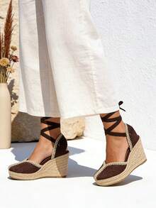 Sandalias alpargatas con plataforma y cuña alta para mujer con tiras cómodos de plataforma alta y cuña bohemia en color trenzado de mimbre sandalias de yute ideales para el trabajo descanso y vacaciones versátiles para uso diario - Marrón Mocha - Ver 2