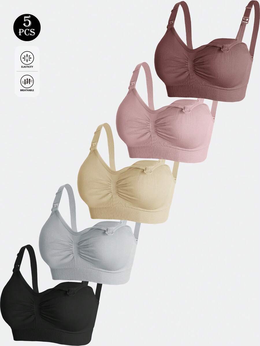 5 件套尼龙孕妇哺乳胸罩，前扣式无缝哺乳无钢圈胸罩，孕期和产后穿着舒适