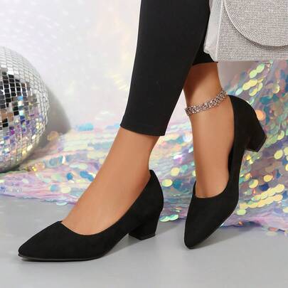 1 par de tacones altos de punta negra de unicolor de corte bajo, adecuados para la oficina, el transporte, las fiestas, tacones elegantes, tacones gruesos de moda