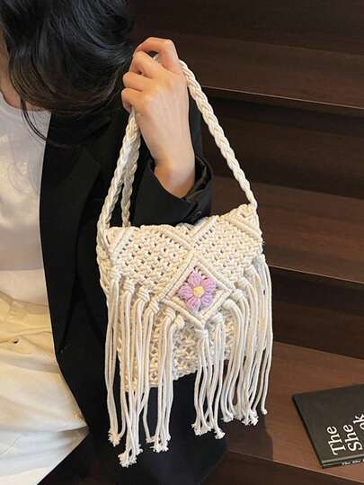 1pc Handwoven Textured Cotton Rope Bag With Tassel, Floral Patch, Hollow Design, Magnetic Closure, Bohemian Style Shoulder/Crossbody Bag, Suitable For Vacation