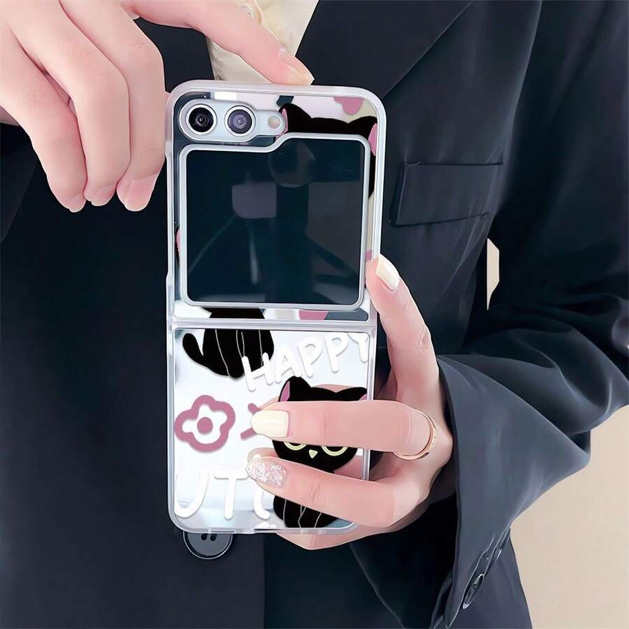 快乐猫咪镜面折叠手机壳，适用于三星 Galaxy Z Flip3 5G/Galaxy Z Flip 4 5G/Galaxy Z Flip 5 5G/Galaxy Z Flip 6 5G/Galaxy Z Flip 7 5G，可爱折叠屏幕保护壳 - 彩色 - 查看 1
