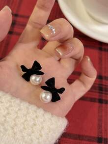 1 Pair Elegant Black Velvet Bow Pearl Earrings, Suitable For Women's Daily, Festival, And Party Wear - Black - View 4