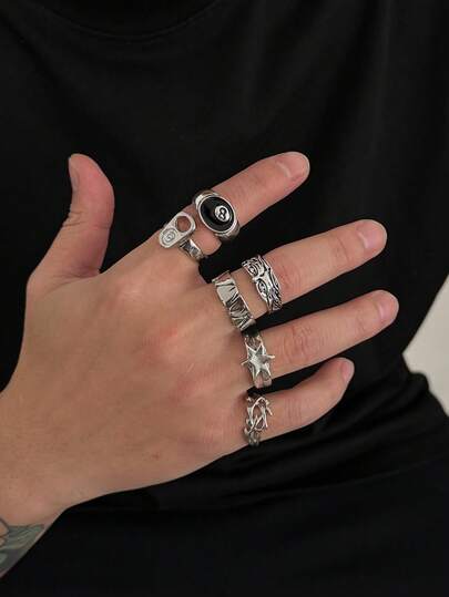6pcs/Set Hip-Hop Style Billiard, Thorn, Pentagram, Hollow Geometric Drip Oil Charm Metal Stackable Open Rings Set, Rockstar Punk Design, Casual Minimalist, Street Snap, Holiday Party, Wedding, Unisex Personalized Versatile Fashion Ring Gift