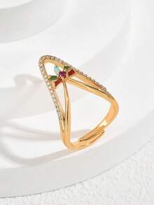 1pc Luxury Niche Style Gold-Plated V-Shaped Micro-Inlaid Colorful Zirconia Ring, Suitable For Women's Daily Commute Wear - Multicolor - View 11
