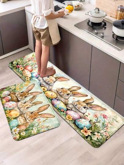 1pc Easter Theme Special Kitchen Mat - Easter Colorful Egg Rabbit Print Carpet, Kitchen Rug, Kitchen Mat, Kitchen Carpet, Doormat, Small Rug, Carpet, Runner, Floor Mat, Home Decor, Area Rug, Outdoor Mat, Home Decor, Area Carpet, Bedroom Carpet, Washable Rug