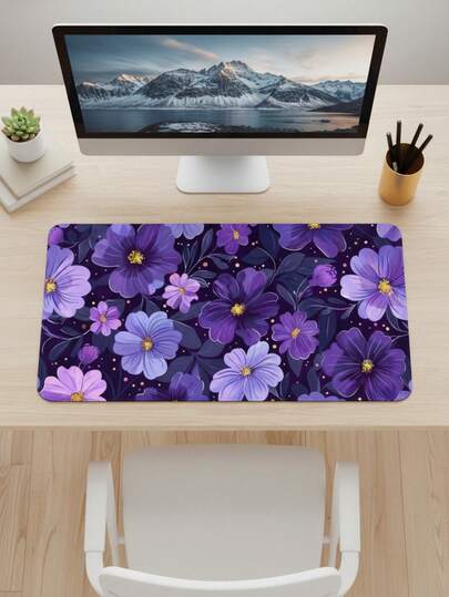 Stor musmatta, vattentät, halkfri och slät tygyta, lila blommigt illustrationsmönster, även lämplig som tangentbordsunderlägg, skrivbordsmatta eller bokställ, perfekt för spelare, kontor och studenthem, kompatibel med mus och trackball, present till spelare