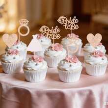 10pcs/24pcs/34pcs Gold Glitter Cupcake Toppers - Bride, Ring, Heart And Dress Decorations Suitable For Wedding Party, Engagement Party Decor - Multicolor - View 6
