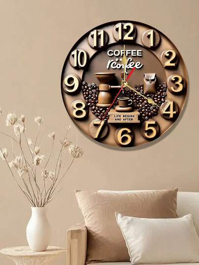 复古咖啡爱好者壁钟 - 10/12 英寸静音无滴答石英机芯，咖啡主题设计，饰有咖啡豆、磨豆机和马克杯图案，圆形木质钟面，适用于厨房、咖啡馆、咖啡吧装饰 - 电池供电（不含 AA 电池） - 送给咖啡爱好者的完美礼物，厨房装饰，温馨舒适，经久耐用，主题时钟，家居装饰
