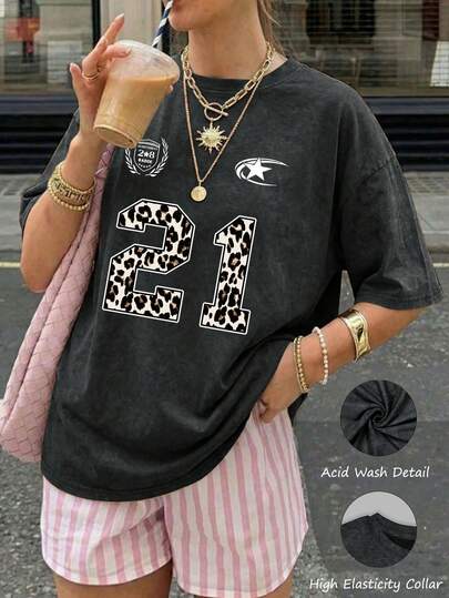 女士休闲宽松落肩水洗短袖T恤，豹纹印花21，水洗工艺，落肩设计，返校季，校园风穿搭灵感，返校必备单品，开学第一天，2026返校季，复古女式上衣，学院风