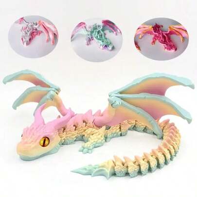 23cm/9.06in Laser Holographic Flying Dragon Joint Statue Model (Eye Color Randomly Shipped), Creative Double Horned Dragon Ornament, Gothic Style Home Decoration