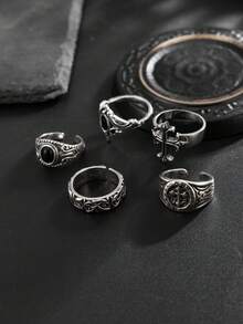 5件套哥特复古风水钻镶嵌十字架几何雕刻戒指套装，摇滚嘻哈设计，休闲简约，街头风，适合派对和日常佩戴，男女皆宜的时尚戒指礼品 - 戒指 - 查看 7
