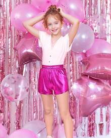 Girls Metallic Shorts Sparkly Hot Pants Shiny Dance Outfits Short Pants - 玫紅色 - 查看 3