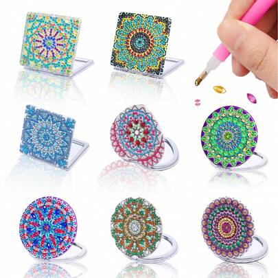 1件装钻石画套装，迷你镜面，曼陀罗花图案，PU皮革可折叠双面镶钻装饰，适合初学者和成人，方便携带，适合各种场合作为礼物