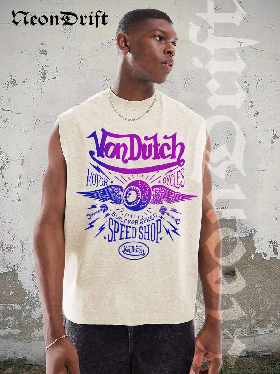 NeonDrift Men's Tank Top 100% Cotton Heavyweight Vintage Distressed Washed Sleeveless T-Shirt, 100% Cotton, Soft & Skin-Friendly, Streetwear Style-Van Dutch Motor Cycles Speed Shop Sleeveless Tee Vintage Graphic Design For Men Classic Americana Style Streetwear Biker Culture Fashion Casual Wear Motorcycle Enthusiast Gift - 杏色 - 查看 1