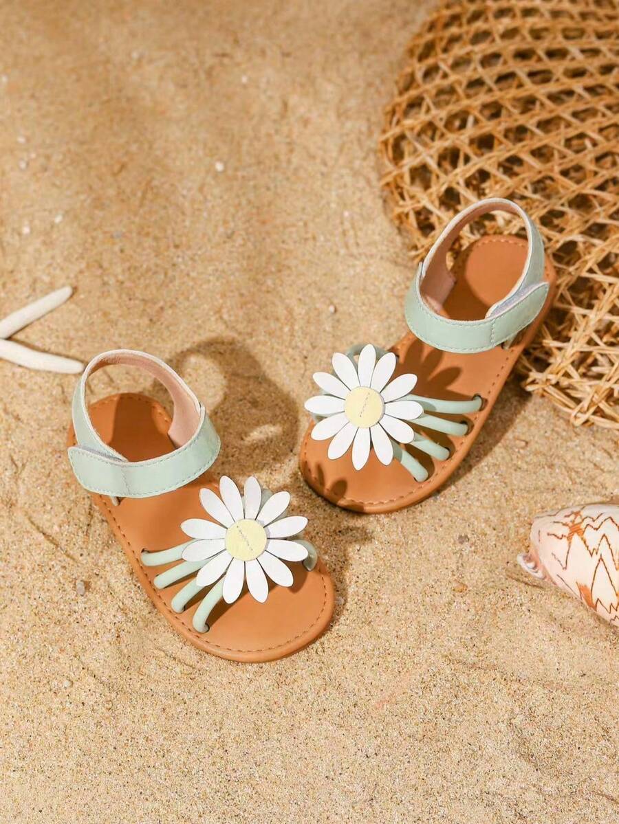 Girls' Sandals, New Summer Soft Bottom Hook And Loop Daisy Open Toe Cute Little Girl Princess Shoes - Green - View 1