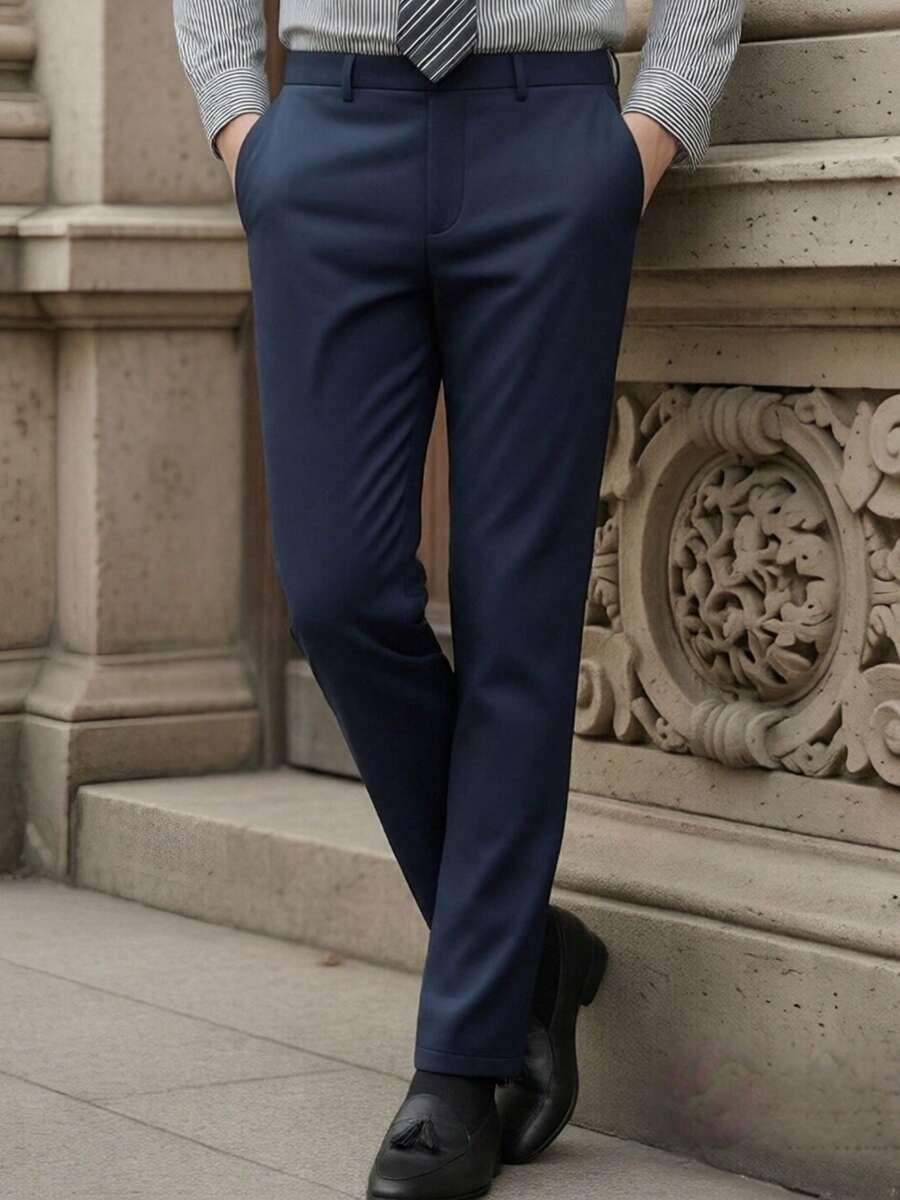 Pantalones de traje casual de negocios para hombres, adecuados para primavera, verano, otoño, todo el año para ir al trabajo - Azul Marino - Ver 1