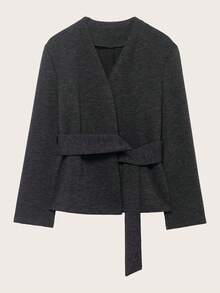 V领系带前襟外套，春秋季 - 灰色 - 查看 1