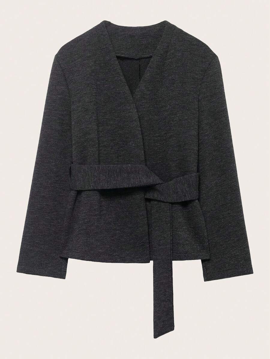 V领系带前襟外套，春秋季 - 灰色 - 查看 1