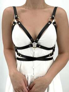 1件装女士黑色吊带性感皮革胸带，朋克风格皮革身体配饰 - 黑色 - 查看 2