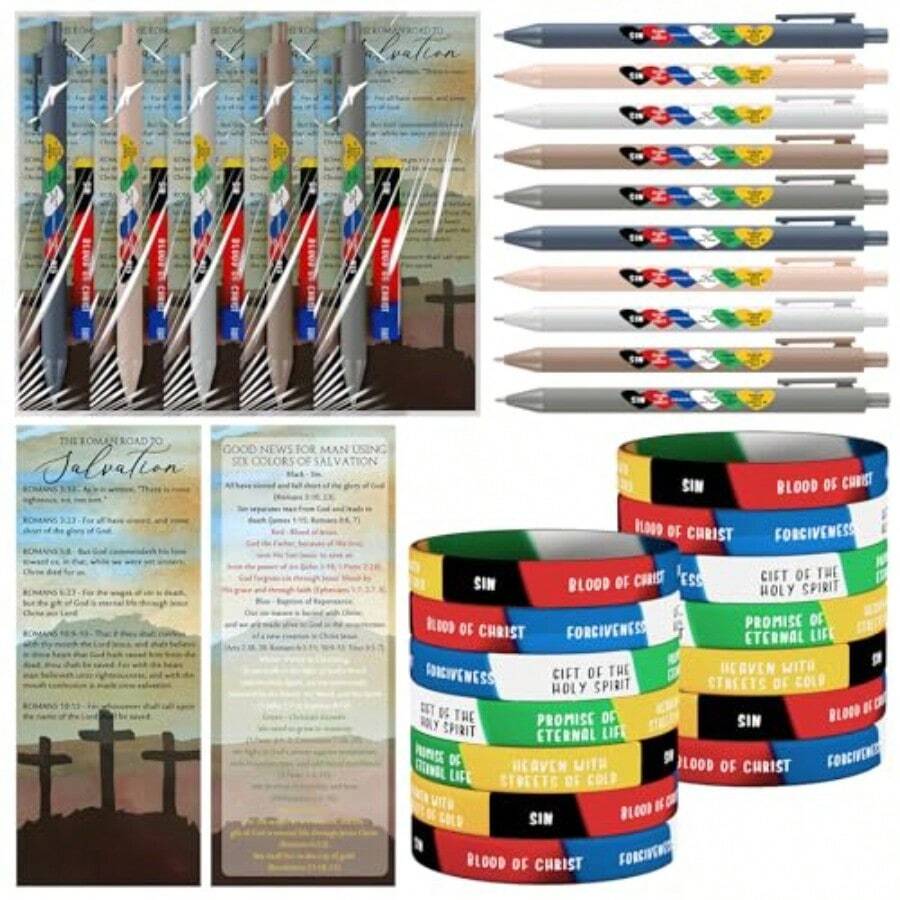 25 Sets Easter Christian Gift Bulk Plan Of Saation Pen Bible Verse Bracelet Gospel Romans Road Tract Scripture Gifts Bulk For Women Church Party Sunday School Pastor Teacher Classic - 黑色 - 查看 1