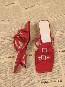Sandalias de tacón alto con punta cuadrada y tiras cruzadas en rojo, sandalias casuales sin talón tipo mula - Rojo - Ver 6
