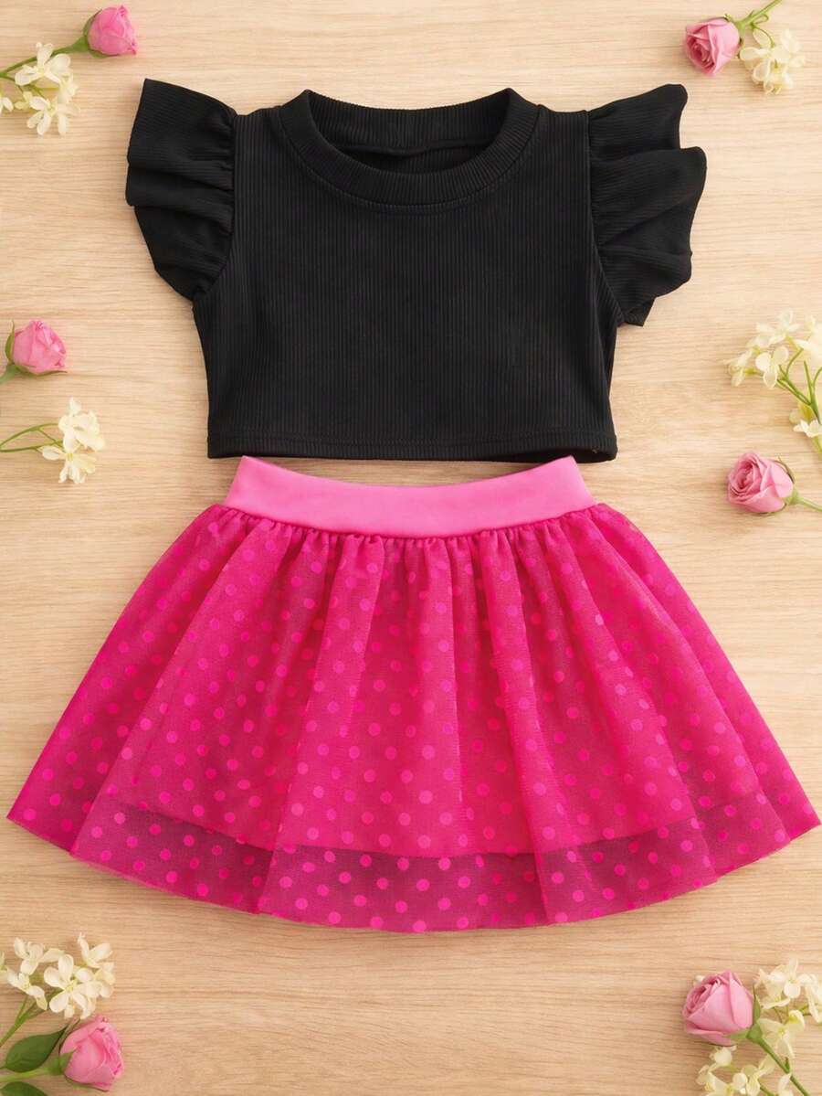 Girls' Outfit Set: Tulle Shorts Skirt With Ruffle And Cropped Top With Ruffled Frills, Pleated, Spring And Summer CJI043 - Pink and Black - View 1