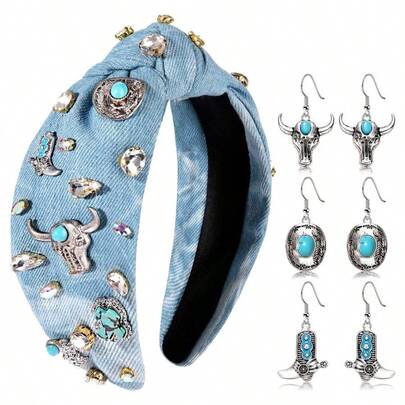 Western Headband For Women Boho Cowgirl Headbands Cowboy Boots Hat Headbands Jeweled Rhinestone Crystal Wide Top Knot Headband Nashville Outfits Western Accessories Party Gifts